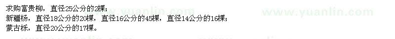 求購富貴柳、新疆楊、蒙古櫟