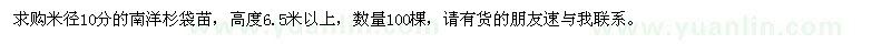 求購米徑10分南洋杉袋苗