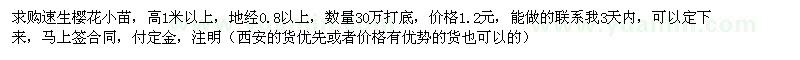 求購高1米以上速生櫻花小苗