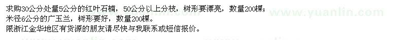 求購(gòu)30公分處量5公分紅葉石楠、米徑6公分廣玉蘭