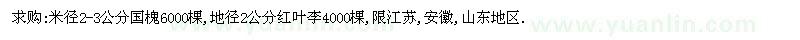 求購(gòu)米徑2-3公分國(guó)槐、地徑2公分紅葉李