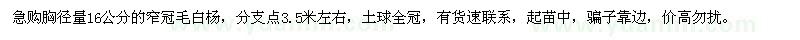 求購胸徑量16公分窄冠毛白楊