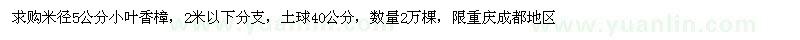 求購米徑5公分小葉香樟 數(shù)量2萬棵