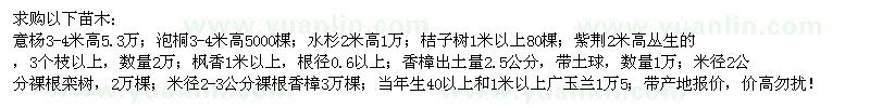 求購意楊、泡桐、水杉、紫荊等苗木