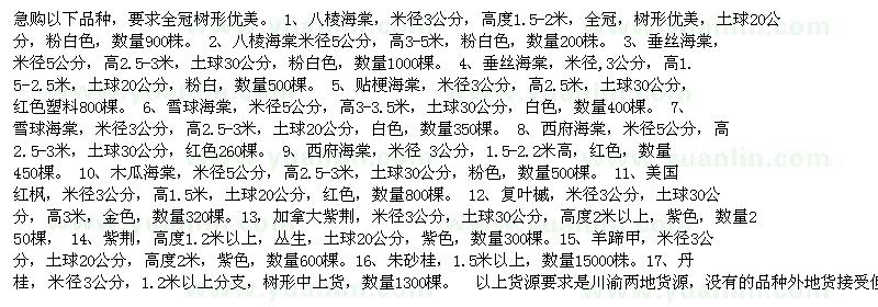 求購(gòu)八棱海棠、雪球海棠等工程綠化用苗
