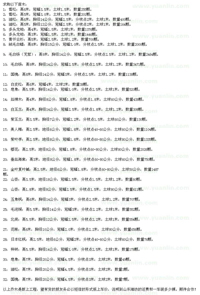 求購雪松、油松、多頭龍柏、青仟云杉、絨毛白蠟等苗木
