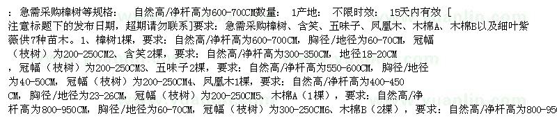求購[樟樹.含笑.五味子.鳳凰木.木棉等]急需!多種規(guī)格數(shù)量