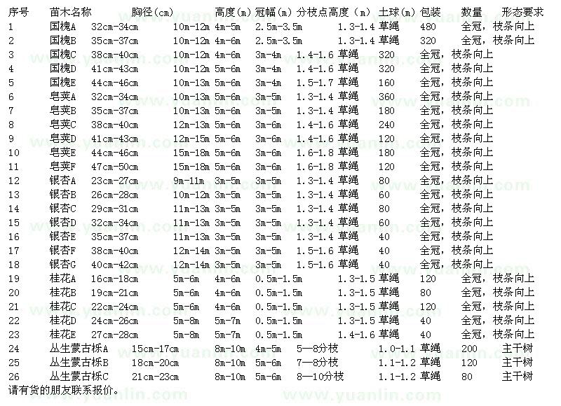 求購國槐、皂莢、銀杏、桂花、叢生蒙古櫟
