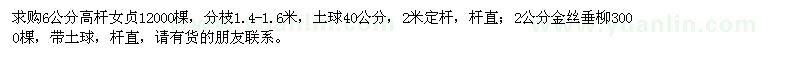 求購6公分高桿女貞，2公分金絲垂柳