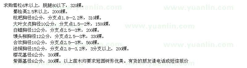 求購雪松、蜀檜、枇杷、大葉女貞、白蠟等苗木求