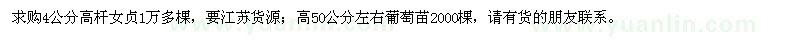 求購4公分高桿女貞，高50公分左右葡萄苗