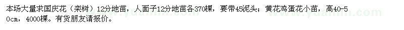 求購國慶花,人面子,黃花雞蛋花小苗