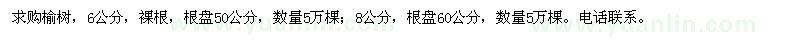 求購榆樹6公分裸根5萬棵；8公分5萬棵