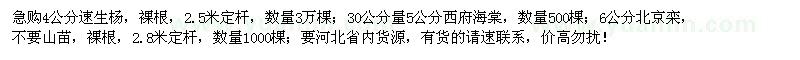 求購速生楊、西府海棠、北京欒