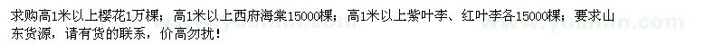 求購高1米以上櫻花、西府海棠、紫葉李、紅葉李
