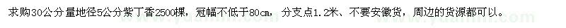 求購地徑5公分紫丁香2500棵