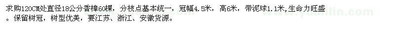 求購(gòu)1.2米處18厘米香樟60棵