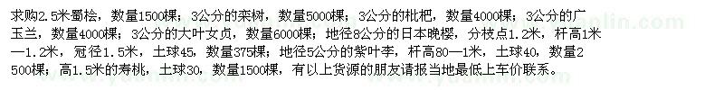 求購蜀檜、欒樹、枇杷、廣玉蘭、大葉女貞、日本晚櫻、紫葉李