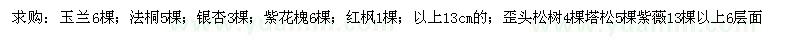 求購玉蘭6棵；法桐5棵；銀杏3棵；紫花槐6棵；紅楓1棵