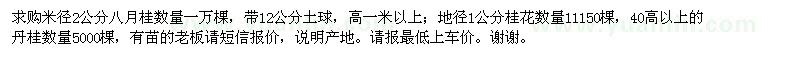 求購米徑2公分八月桂,地徑1公分桂花,40高以上的丹桂