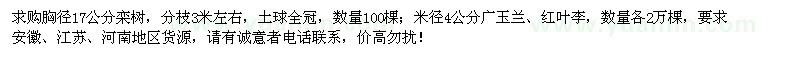 求購(gòu)胸徑17公分欒樹(shù)、米徑4公分廣玉蘭、紅葉李