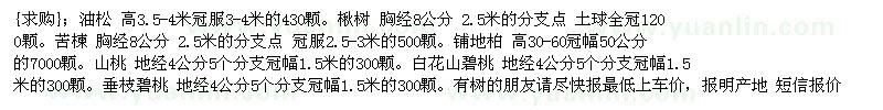 求購(gòu)油松 楸樹 苦楝 鋪地柏 山桃 碧桃