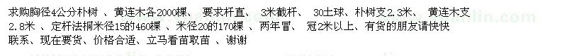 求購(gòu)樸樹 黃連木各2000棵 法桐 630棵