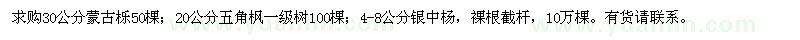 求購蒙古櫟,五角楓,銀中楊
