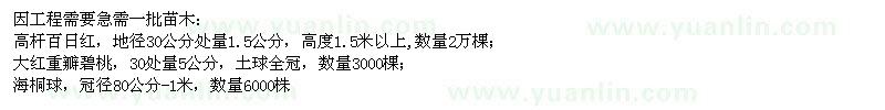 求購高桿百日紅、大紅重瓣碧桃、海桐球