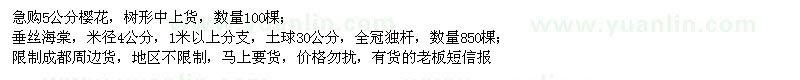 求購(gòu)5公分櫻花,米徑4公分垂絲海棠