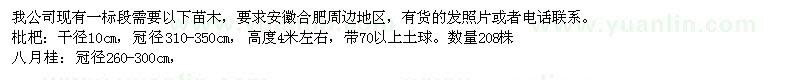 求購枇杷,八月桂,紅葉李,日本晚櫻,紅花紫薇等