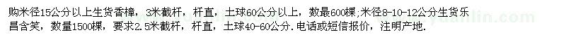 求購米徑15公分以上生貨香樟