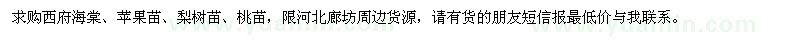 求購西府海棠、蘋果苗、梨樹苗、桃苗