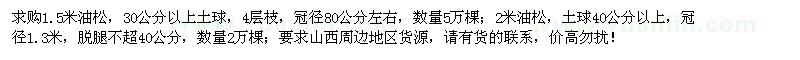 求購1.5米、2米油松7萬棵