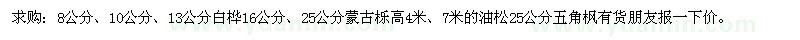 求購白樺、蒙古櫟、油松、五角楓