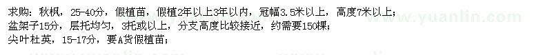 求購秋楓、盆架子、尖葉杜英