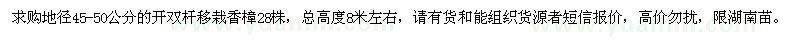 求購地徑45-50公分的開雙桿移栽香樟
