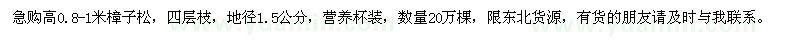 求購(gòu)高0.8-1米樟子松20萬(wàn)棵