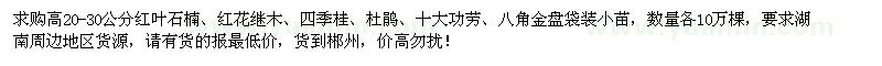 求購紅葉石楠、紅花繼木、四季桂、杜鵑、十大功勞、八角金盤袋裝小苗