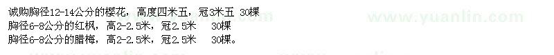 求購胸徑12-14公分的櫻花、紅楓、臘梅