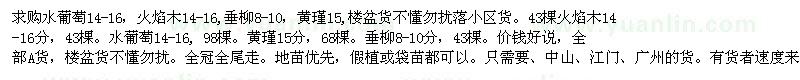 求購(gòu)水葡萄14-16，火焰木14-16等