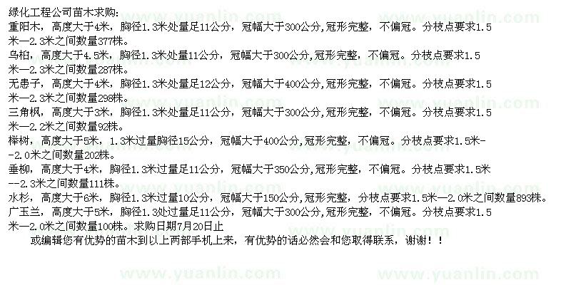 求購重陽木、烏桕、無患子、三角楓、櫸樹、垂柳、水杉、廣玉蘭