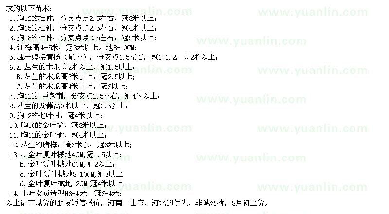 求購杜仲、獨(dú)桿嫁接黃楊、叢生木瓜、七葉樹等苗木