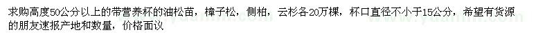 求購高度50公分以上帶營養(yǎng)杯油松苗、樟子松、側(cè)柏