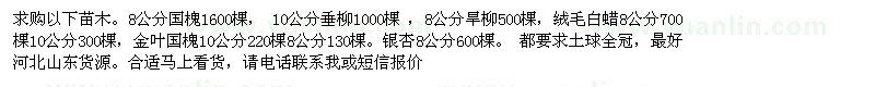 求購國槐、垂柳、絨毛白蠟、銀杏