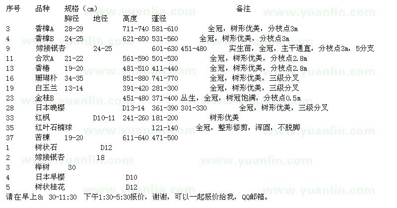 求購珊瑚樸、白玉蘭、日本晚櫻、紅楓綠化苗木