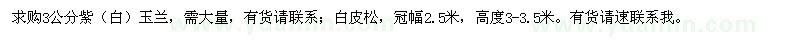 求購3公分紫（白）玉蘭、高度3-3.5米白皮松