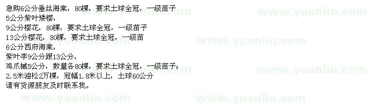 求購垂絲海棠、紫葉矮櫻、櫻花等苗木