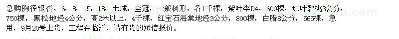 求購(gòu)銀杏、紫葉李、紅葉碧桃、黑松、紅寶石海棠、白蠟