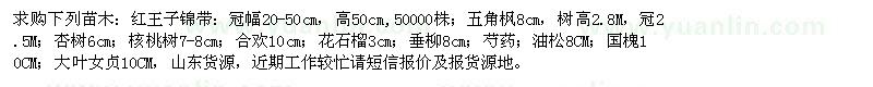 求購(gòu)紅王子錦帶、五角楓、杏樹(shù)